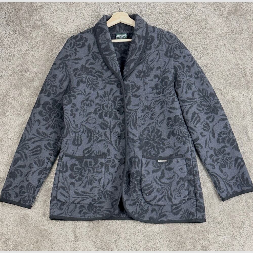 Geiger Gray Boiled Wool Jacquard Floral Sweater Jacket Cardigan Blazer 40 M